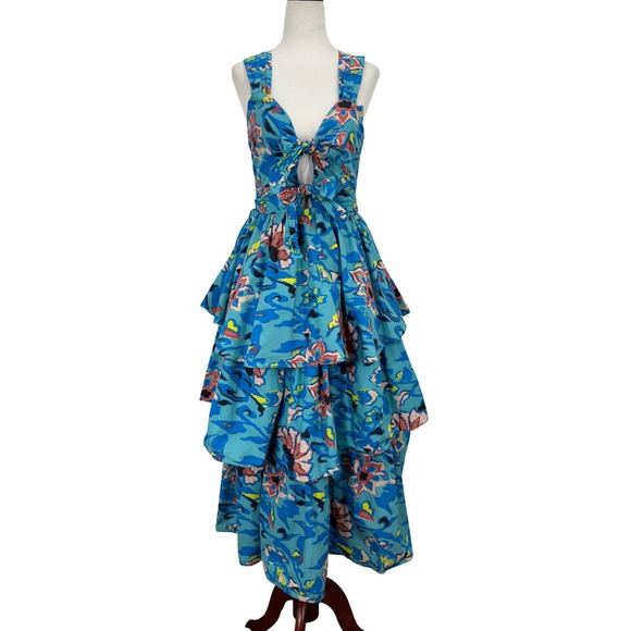 Cleobella Floral Imara Midi Dress Women MED Blue Tie Front Tiered Party Colorful